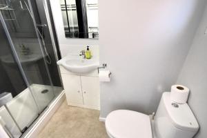 a bathroom with a toilet and a sink and a shower at The Retreat in Lyme Regis