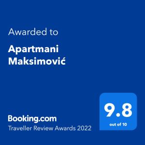 Apartmani Maksimović tanúsítványa, márkajelzése vagy díja