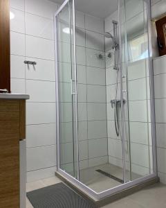 a shower with a glass door in a bathroom at Vila San Nicoara in Curtea de Argeş