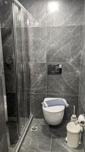 a bathroom with a shower and a toilet in it at Pension Irene in Sougia