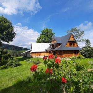 uma casa numa colina com flores à sua frente em Miodowa Chata Pokoje Gościnne em Bustryk