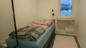 a small bed in a room with a window at Nesseby Guesthouse in Varangerbotn