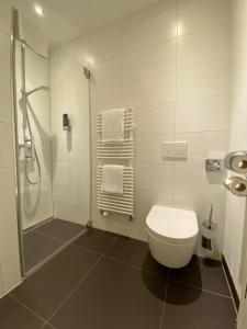 een badkamer met een toilet en een douche met handdoeken bij grosszügiges Apartment mit Blick zur Frauenkirche in Dresden