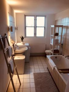 a bathroom with a tub and a sink and a toilet at Urlaub auf Mittelhof in Großenbrode