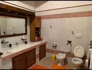 ein Badezimmer mit einem WC, einem Waschbecken und einem Spiegel in der Unterkunft VILLA ANDREA GAETA in Gaeta