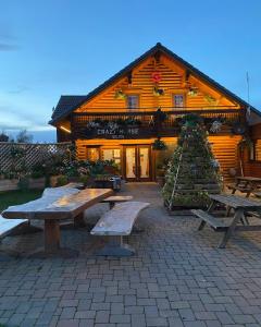 a wooden building with picnic tables and a christmas tree at Sundance Lodge, Fantastic New Cabin with Hot Tub - Sleeps 6 - Largest In Felmoor Park in Morpeth