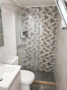 W łazience znajduje się prysznic, toaleta i umywalka. w obiekcie Studio Victory Chania w Chanii