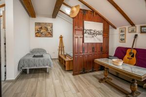 a living room with a couch and a guitar at Hangar Apartments in Izola
