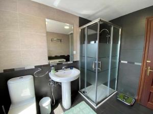 Un baño con ducha, lavabo e inodoro. en Casa Noval, zona rural VV-3120-AS, en Bimenes 41 fotos más