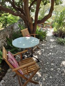 einen Tisch und Stühle unter einem Baum in der Unterkunft Apartments Zlosilo in Orasac