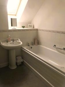 La salle de bains est pourvue d'un lavabo et d'une baignoire à côté d'un lavabo. dans l'établissement Bransford Farm Fishery & B & B, à Bransford