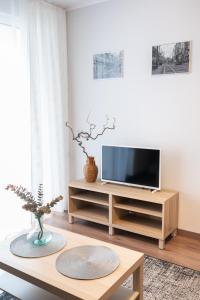 a living room with a television on a wooden stand at Golden Apartments/Op25 in Katowice