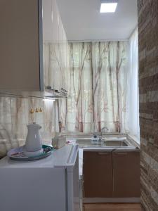 a kitchen with a sink and a window at Lovely one-bedroom apartment with private entrance in Tirana