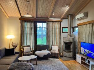 ein Wohnzimmer mit einem Sofa und einem TV in der Unterkunft Imatra Spa & Golf Villa2 in Imatra