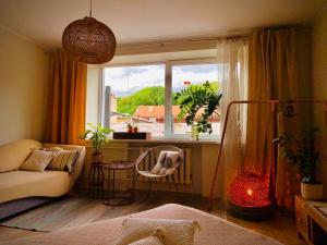 a living room with a couch and a window at Three bedroom with two terraces for 7people+baby in Kaunas