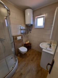 a bathroom with a shower and a toilet and a sink at Lana 2 in Senj