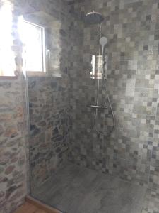 a shower with a glass door in a bathroom at La grange aux dîmes in Walcourt