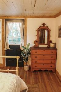1 dormitorio con tocador, espejo y ventana en The Greenhouse Cozy Cottage- Walk to Downtown!, en Opelika