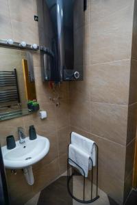 uma casa de banho com um lavatório e um espelho em Sweet69apartments JP em Niš