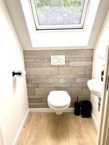 a bathroom with a toilet and a skylight at The island life texel met jacuzzi in De Koog