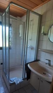 uma casa de banho com um chuveiro e um lavatório. em Ferienwohnung Unterm Schloss bei Inge em Reichelsheim
