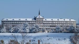 a large building with birds on the roof in the snow at Hostal Mirador de Avila in Ávila