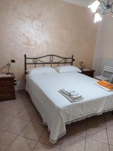 ein Schlafzimmer mit einem großen Bett mit weißer Bettwäsche und Kissen in der Unterkunft Nilu' e Sagio' in Baronissi