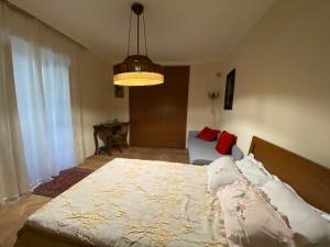 ein Schlafzimmer mit einem Bett, einem Sofa und einem Kronleuchter in der Unterkunft cozy and center in Tbilisi City