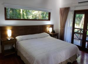 a bedroom with a bed with a large window at Selva de Laurel in Puerto Iguazú