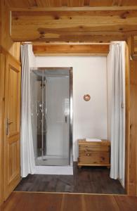 y baño con ducha y techo de madera. en Letní byt ve skanzenu, en Třebechovice pod Orebem
