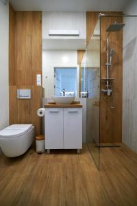 a bathroom with a sink and a toilet and a shower at Apartament z ogródkiem in Uniejow