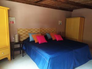 um quarto com uma cama azul com almofadas cor-de-rosa e azul em Casa Capirona 1 - Laguna Azul em Tarapoto