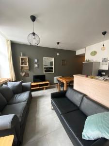 uma sala de estar com um sofá preto e uma mesa em APPARTEMENT neuf au centre ville situé au rdc avec terrasse em Givet