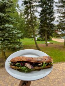 a sandwich on a white plate on a table at Resort LUFT Sněžník in Sněžnik