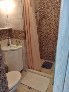 een badkamer met een douche, een toilet en een wastafel bij Apartments Cappuccino in Podstrana