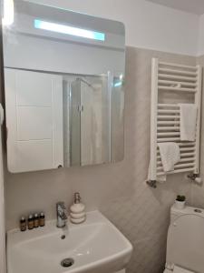bagno bianco con lavandino e specchio di Cozy Garden Residence a Bucarest