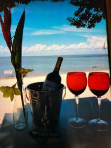 a bottle of wine and two glasses on a table at Chalés Casa de Vidro in Alter do Chao +47 photos