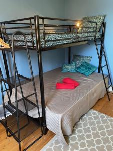 a bedroom with two bunk beds and a rug at La Boussole centre station proche mer in Agon Coutainville