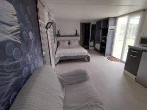 Saint-Michel-sur-Savasse的住宿－STUDIO INDEPENDANT DANS FERME 18ème，一间卧室配有两张床和一张沙发。