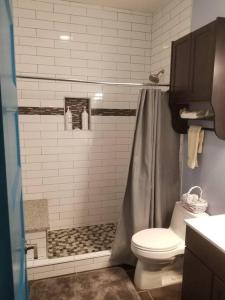 a bathroom with a shower with a toilet and a sink at #2BR-1BA Loft Downtown KC in Historic Building in Kansas City