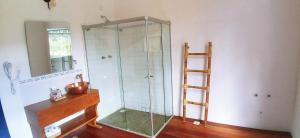 a glass shower in a bathroom with a wooden counter at HOTEL FAZENDA PACIENCIA in Santana dos Montes