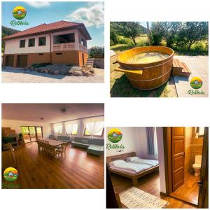 Un collage de fotografías de una casa y una bañera. en Relikvia, en Sovata