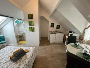 an attic room with a bed and a kitchen at Le cocon jaune - Studio en hyper centre in Lamballe