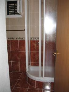 a bathroom with a shower with brown tiles at Apartments Waterfront IVAN 2 in Podgora