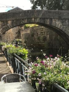 a bridge with a bunch of flowers next to a river at Appartement près de DOLE in Menotey