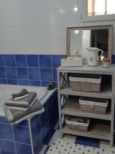 a blue tiled bathroom with a sink and a mirror at Maison du Val du Loup in Notre-Dame-de-Sanilhac