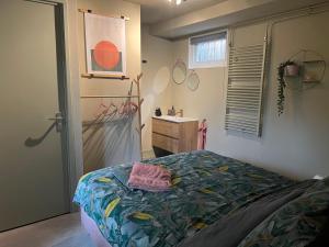 ein Schlafzimmer mit einem Bett und einem Waschbecken darin in der Unterkunft Sfeervol huisje, dichtbij bos en centrum in Apeldoorn