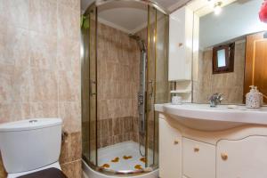 a bathroom with a shower and a toilet and a sink at Villa Pino Pueblo in Paliouri +32 photos
