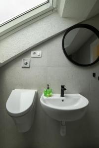 a bathroom with a sink and a mirror at Apartman Sinjska Alka in Sinj