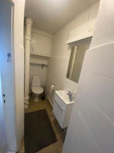 uma pequena casa de banho com WC e lavatório em Hyggelig lejlighed i Hjørring centrum em Hjørring